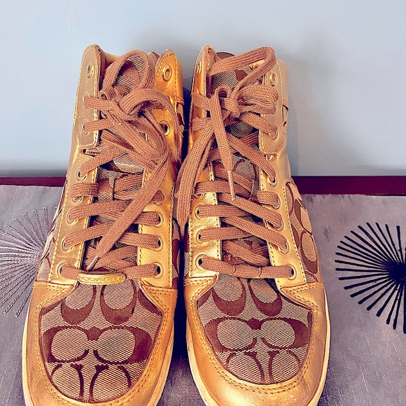 Coach Brand Norra Gold Color with tan & beige Hightop Sneakers Size women’s 10 - Picture 3 of 5